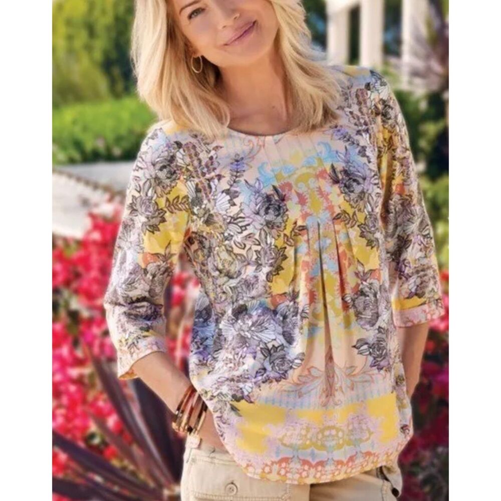 SOFT SURROUNDINGS Westo 3/4 Sleeve Floral Print Top Dusty Peach, Sz M